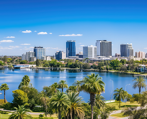 City skyline with palm trees