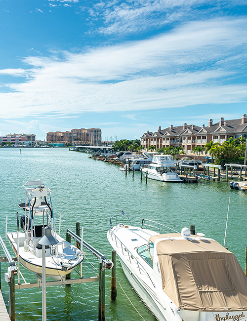 Sunny marina with boats docked