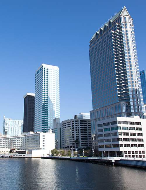 City skyline with blue sky