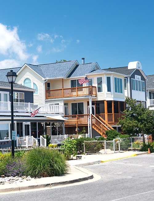 Suburban houses with American flags